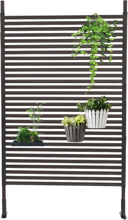 Outdoor Privacy Screens Freestanding, 43" W x 71" H Metal Slatted Decorative Screen and Panels with Stand, Brown Backyard Privacy Panels for Garden Patio