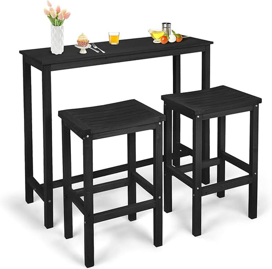 VINGLI 3-Piece Fir Wood Outdoor Bar Table and Chairs Set, Outdoor Bar Height Table with 2 Bar Stools Patio Bistro Set for Garden Balcony Backyard (Black)