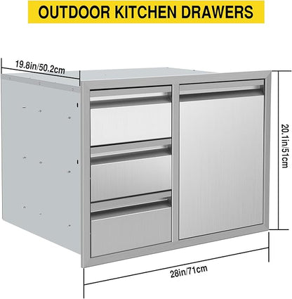 Outdoor Kitchen Drawer Combo, Stainless Steel Triple Drawers & 2 Trash Can Drawers,Enclosed Built-in Drawer Flush Mount For Outdoor Kitchens & BBQ Islands ﻿ ﻿,G2