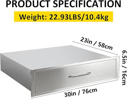 Outdoor Kitchen Drawers 30" W x 6.5" H x 23" D Flush Mount BBQ Single Drawers with Divider,Built-in Stainless Steel Drawer with Chrome Handle for Outdoor Kitchen Island Patio Grill Station