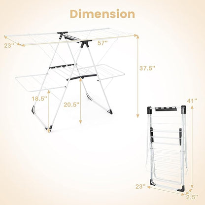 GOFLAME Clothes Drying Rack, 2-Tier Folding Laundry Drying Rack with Height-Adjustable Wings, 33 Drying Rails, Middle Sock Clips, Side Wave-shaped Bars, Freestanding Laundry Hanger, No Assembly Needed