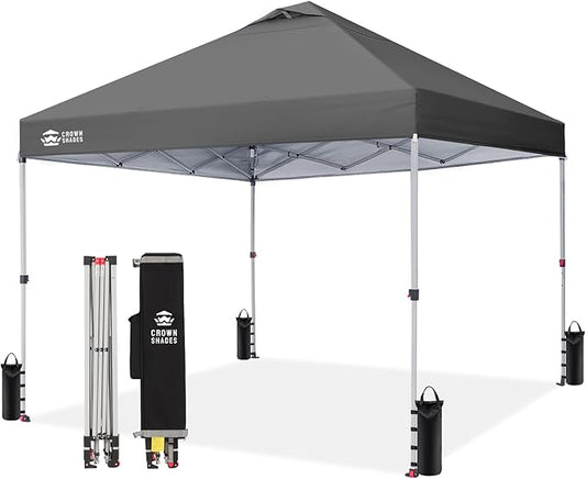CROWN SHADES 10x10 Pop Up Canopy - Beach Tent with One Push Setup - Easy Outdoor Sun Shade Shelter for Events, Parties - Gazebo with STO-N-Go Cover Bag, Silver Coated Top,Light Gray