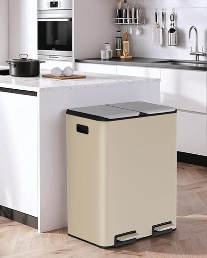 Arlopu 16Gal Dual Trash Can w/2 Built-in Box for Odor Control, Hands-Free Kitchen Garbage Bin, Recycle Waste Dustbin, Soft-Close Lid, 2 Buckets,Foot Pedal, Side Handle, Airtight,for Home (Beige)