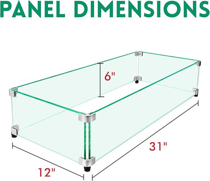Fire Pit Wind Guard, 31" x 12" Square Tempered Glass Wind Shield for Firepit & Fire Table, Thick Glass and Easy Installation with Included Tools, Airflow Management for Stable Flame