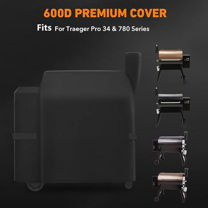 Heavy Duty Waterproof Grill Cover Compatible with Traeger Pro 22 & 575 Series and Traeger Pro 34 & 780 Series Wood Pellet Grill and Smoker, Texas and More, Full Length Barbecue Grill Cover, Black