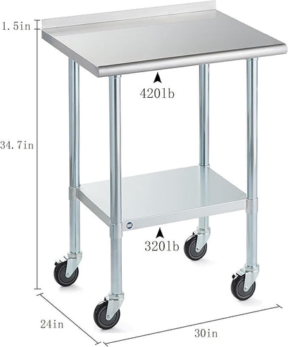 Stainless Steel Table for Prep & Work with Backsplash & Caster 24x30 Inches, NSF Commercial Kitchen Heavy Duty Table with Adjustable Under Shelf for Restaurant, Home and Hotel