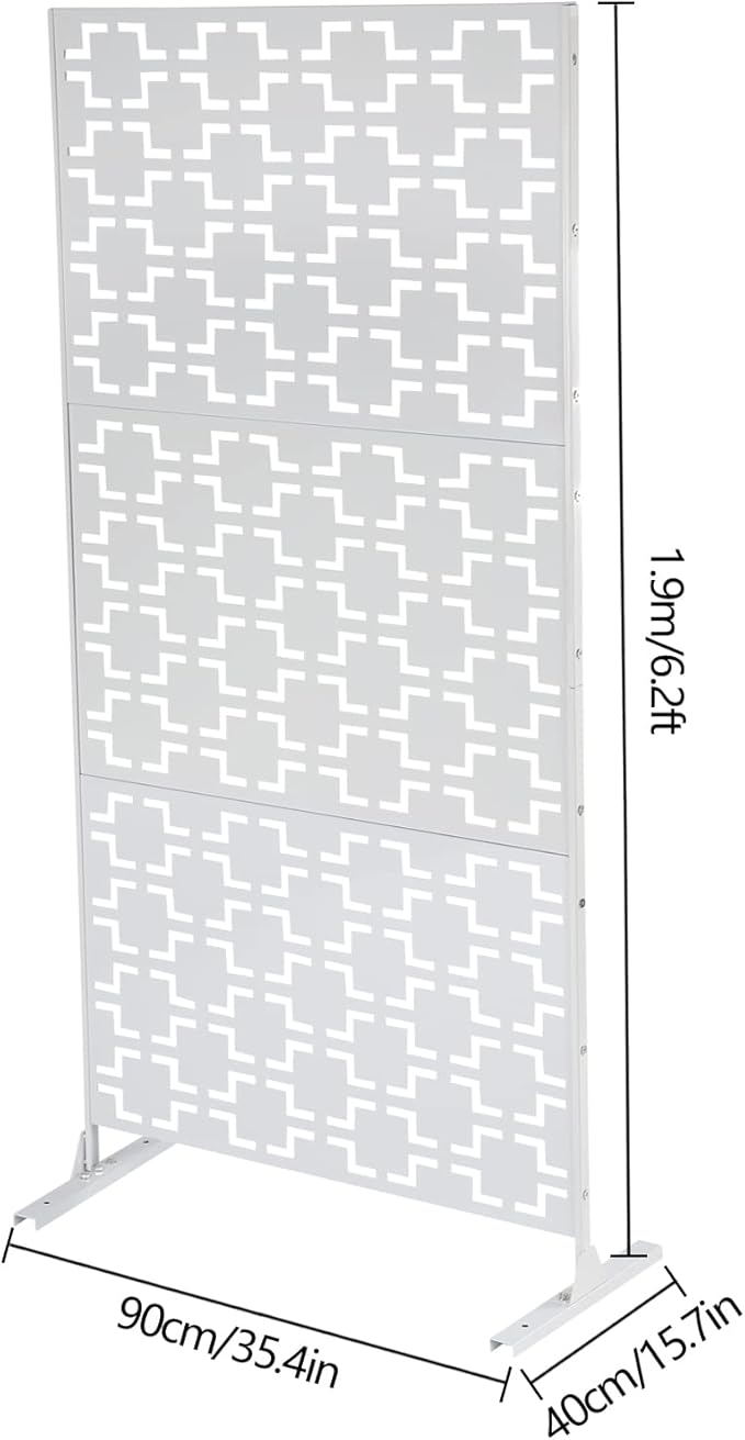 Outdoor Metal Privacy Screen with Stand, 35.4" W x 75" H Freestanding Metal Slatted Decorative Privacy Screen and Panels for Patio Garden Balcony Porch (White B)