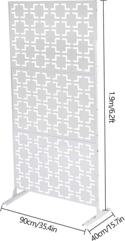 Outdoor Metal Privacy Screen with Stand, 35.4" W x 75" H Freestanding Metal Slatted Decorative Privacy Screen and Panels for Patio Garden Balcony Porch (White B)