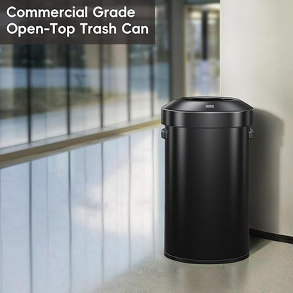 EKO 16-Gallon Round Black Stainless Steel Open Top Trash Can, Large Commercial Waste Bin with Detachable Lid and Carrying Handle, Brushed Metal Garbage Bin for Home, Office, Restaurant, Restroom