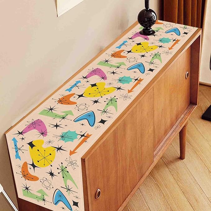 Mid Century Table Runner, Retro 1950s Atomic Minimalist Modern Abstract Geometric Colorful Coffee Table Center Decor for Home Kitchen Dining Patio Holiday Party Table Decorations, 13"x108" Inch
