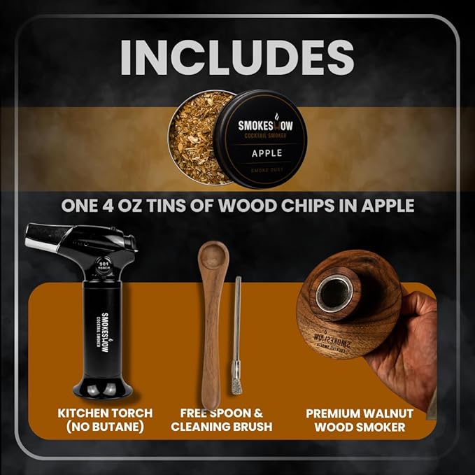 Smokeshow Cocktail Smoker Bundle with Kitchen Torch, One Flavor of Wood Chips Apple (No Butane Included)
