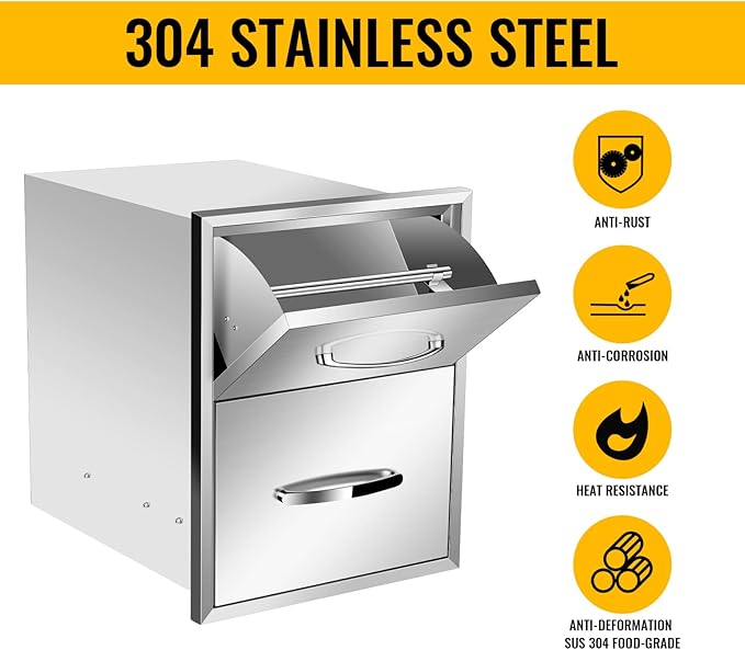 Outdoor Kitchen Drawers, Box Frame Style Flush Mount BBQ Drawer w/Stainless Steel Handle, BBQ Island Drawers For Patio Grill Station,Double Drawers