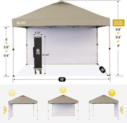 CROWN SHADES 10x10 Pop Up Canopy with 1 Side Wall - Beach Tent with One Push Setup - Outdoor Sun Shade for Events, Parties, Camping - Gazebo with STO-N-Go Cover Bag (Beige)