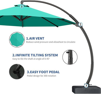 7 Piece Patio Dining Set with 11ft Patio Umbrella (Teal), 7 Gray Outdoor HDPE Dining Set with 6 Chairs + 1 Large Table, for Market, Pool, Garden, Backyard, Deck