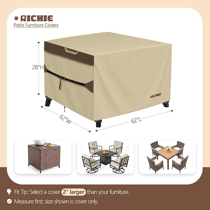 Outdoor Patio Furniture Cover - Heavy Duty Waterproof 600D Tough Canvas Protector for Square Table Cover, All-Season Dining Table and Chair Cover (62L x 62W x 28H Inch)