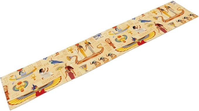 Egypt Table Runner, Ancient Egyptian Mythology Gods Hieroglyphic Elements Retro Farmhouse Table Runner for Home Kitchen Dining Party Indoor Outdoor 13x60in