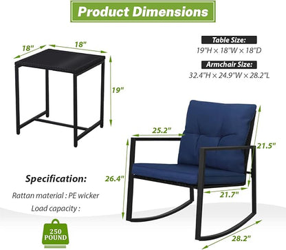 SUNCROWN 3 Piece Outdoor Rocking Bistro Set Black Wicker Furniture Porch Chairs - Image 9