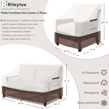 Patio Furniture Covers,3 Piece Heavy Duty Waterproof Outdoor Furniture Cover,Outdoor Furniture Covers for Patio Furniture,Includes 2 Patio chair covers 30in and 1 Patio loveseat cover 58in,Beige