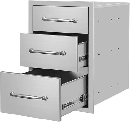 Outdoor Kitchen Drawers 14" Wx21 Hx21 D Flush Mount Access 3-Drawer BBQ Stainless Steel Drawers with Handle for Outdoor Kitchen Island or Grill Station