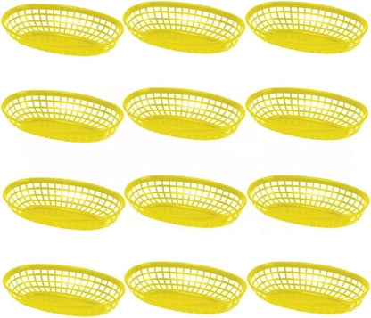 TrueCraftware- 9-3/8" Oval Fast Food Basket Yellow Plastic Set of 12- Fry Fast Food Reusable Foodservice Restaurant Diner Tray Plates Restaurant Deli Serving Chicken Burgers Sandwiches & Fries