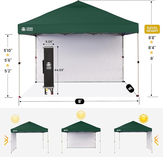 CROWN SHADES 8x8 Pop up Canopy Instant Canopy with 1 Removable Sidewall,4 Ropes & 8 Stakes, STO'N and Go Bag, Forest Green