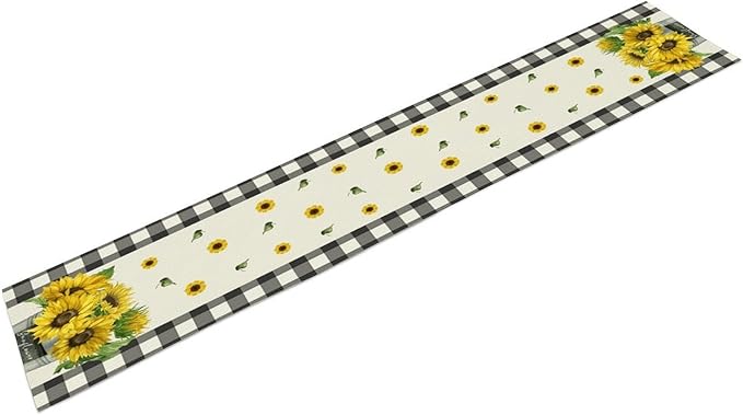 Morden Sunflower Table Runner,White Black Buffalo Plaid Watercolor Summer Flower Plants Leaves Print Table Runner for Kitchen Dining Table Holiday Home Party Decor 13x108in