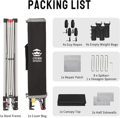CROWN SHADES 10x10 Pop up Canopy Tent Instant Canopy with 150D Silver Coated Fabric Including 2 Half Sidewalls, 4 Ropes, 8 Stakes, 4 Weight Bags, STO 'N Go Bag, Black