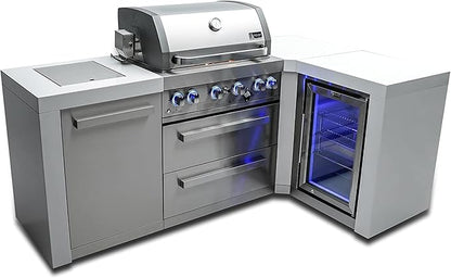 Mont Alpi MAi400-D90FC 32-Inch 4-Burner 78000 BTU 90 Degree Corner Stainless Steel Gas Outdoor Kitchen Barbecue Island Grill + Infrared Side Burner + Wine Cooler Beverage Center Compact Refrigerator