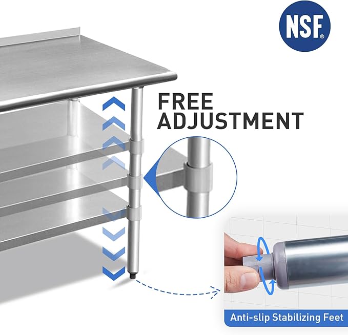 ROCKPOINT Stainless Steel Table for Prep & Work with Backsplash 24x60 Inches, NSF Metal Commercial Kitchen Heavy Duty Table with Adjustable Under Shelf and Table Foot for Restaurant, Home and Hotel