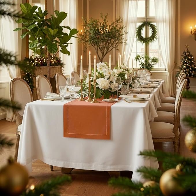 D'Moksha Homes Linen Rust Table Runner 108 Inches Long - 100% Pure Linen 14 x 108 Inch Table Runner for Spring, Easter - Classic Hemstitch