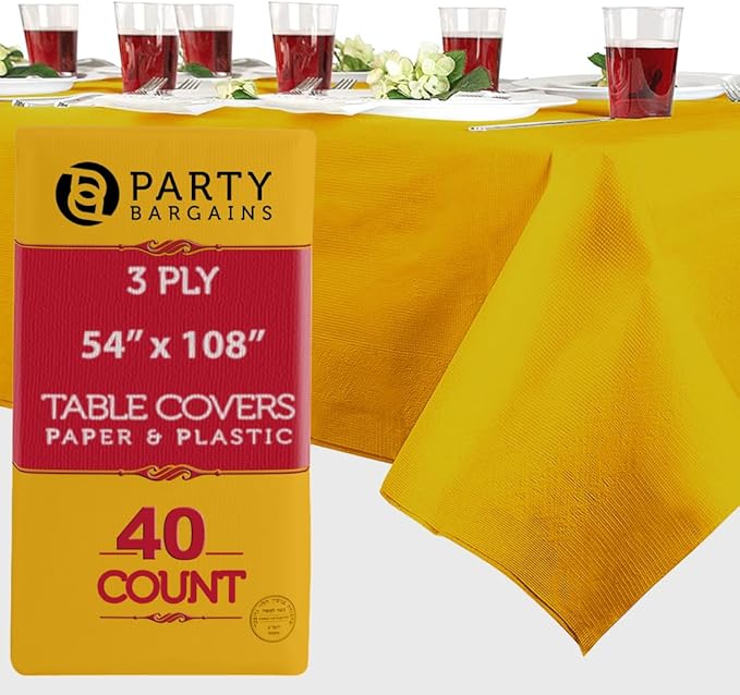 PARTY BARGAINS 40 Disposable Table Covers - 54" X 108" Yellow Table Cover, 3 Ply Paper & Plastic Tablecloth