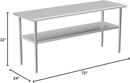 Stainless Steel Table for Prep & Work, 24x72 Inches, NSF Metal Commercial Heavy Duty Table with Adjustable Under Shelf and Foot for Restaurant, Home and Hotel