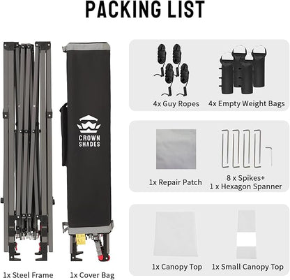 CROWN SHADES 10x10 Pop Up Canopy Tent with Patented Center Lock, 150D Silver Coated Fabric, 2 Extendable Awnings, Instant Commercial Canopy with 4 Weight Bags, Ropes, Stakes & Wheeled Carry Bag, White