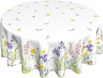 Spring Easter Round Tablecloth 60 Inch, Bunny Colorful Flower Butterfly Decorative Tablecloths Stain Resistance Polyester Rabbit Floral Table Cloth for Holiday Parties Kitchen Dining