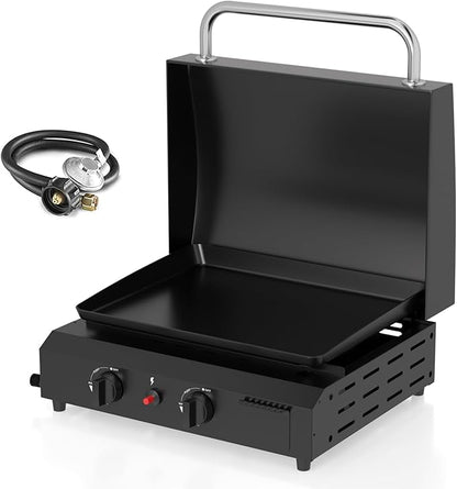 2 Burner BBQ Gas Griddle with Hood, 17.3 Inch Stainless Steel Portable Detachable Propane Griddle, 60,000 BTU Flat Top Grill with Lid for Camping, Black