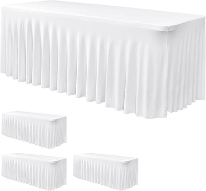 Nasitos White Table Skirt for 6 Foot Rectangle Tables, 4 Pack - 72 x 30 Inch - Stretch Spandex Fitted Table Clothes, Fabric Table Covers Cocktail Tablecloths for Party, Banquet, Birthday