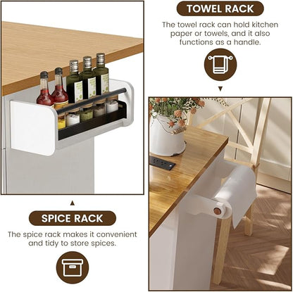 COCO DESIGN Rolling Kitchen Island Cart with Wheels, 54" Portable Trolley Island with Drop Leaf Countertop, Sliding Barn Door, Power Outlet, Spice Rack, Towel Rack and Drawers, Minimalist White