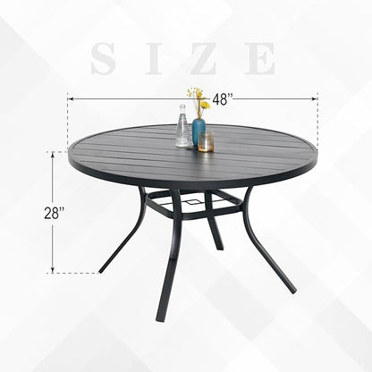 48" Patio Outdoor Round Table for 6 Person, All Weather Metal Black Round Patio Dining Table with Adjustable Umbrella Hole