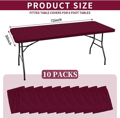 10 Pack Fitted Tablecloth for 6 Foot Rectangle Tables, Wine Red Elastic Outdoor Picnic Table Cover, Washable Stretch Folding Table Cloths 6 ft for Camping Party Patio Kitchen Banquet, 30" W x 72" L