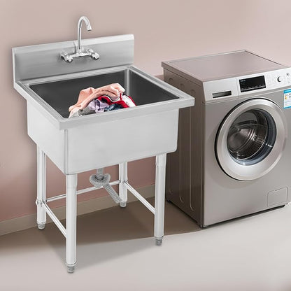 Commercial Sink with Cold & Hot Faucet, Freestanding Single Bowl Kitchen Utility Sink Stainless Steel Outdoor for Home Hotel Garage Garden Bar Restaurant (24X24X41in)