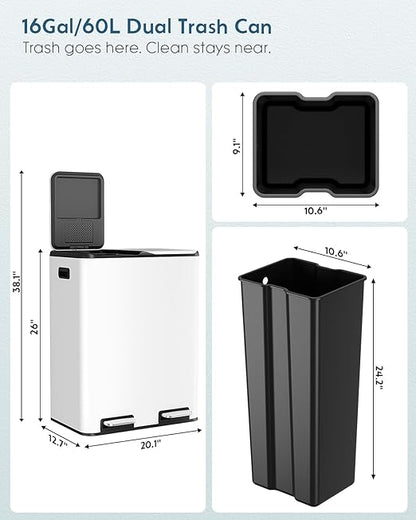 Arlopu 16Gal Dual Trash Can w/2 Built-in Box for Odor Control, Hands-Free Kitchen Garbage Bin, Recycle Waste Dustbin, Soft-Close Lid, 2 Buckets,Foot Pedal, Side Handle, Airtight,for Home (White)