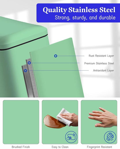 JM.YIPENG Bathroom Trash Can, 16.7L / 4 Gallon Rectangular Trash Can with Lid, Inner Bucket, Step Pedal, Stainless Steel Medium Garbage Can for Kitchen, Living Room, Office, Dorm, Green