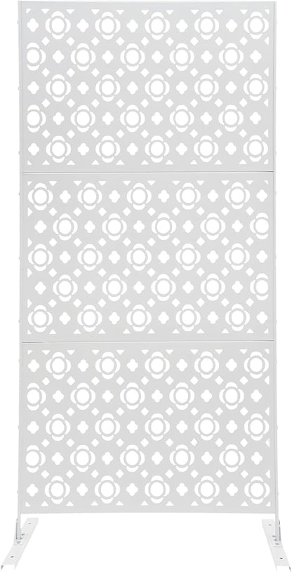 75" H×35" W Decorative Outdoor Privacy Screen with Stand, Outdoor Decor Privacy Fence Screen Metal Fence Panels, Free Standing Metal Divider for Patio Lawn Deck (White-Small Plum Blossom)