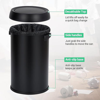 Commercial Grade Stainless Steel Kitchen Trash Can, 65L (17 Gallon) Heavy Duty Round Garbage and Recycling Bin with Fingerprint-Proof Swing Lid, Durable Indoor and Outdoor Use