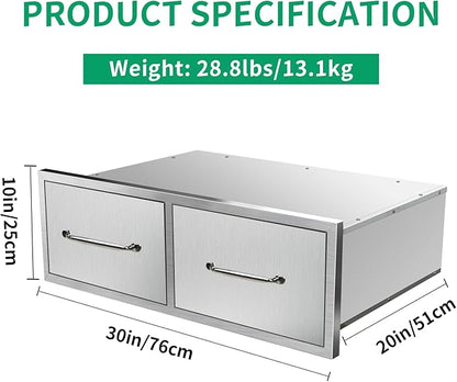 Outdoor Kitchen Drawers 30" W x 10" H x 20" D Stainless Steel Single Drawers with Ergonomic Handle for BBQ Island, Patio Grill Station & Outdoor Kitchen Cabinets