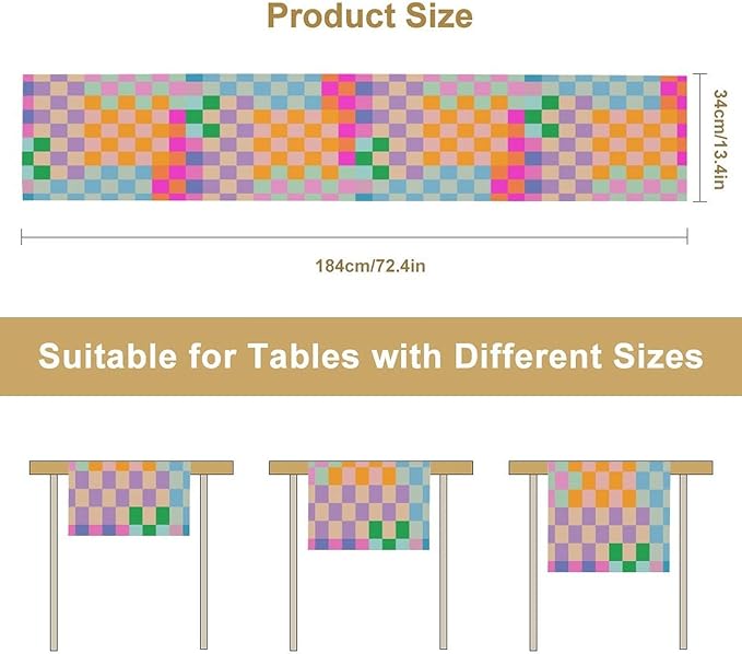 Retro Checkered Table Runner, Bright Rainbow Colorful Modern Groovy Aesthetic Table Runner for Dining Kitchen Party Home Wedding Banquet 13x120in