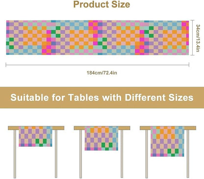 Retro Checkered Table Runner, Bright Rainbow Colorful Modern Groovy Aesthetic Table Runner for Dining Kitchen Party Home Wedding Banquet 13x70in