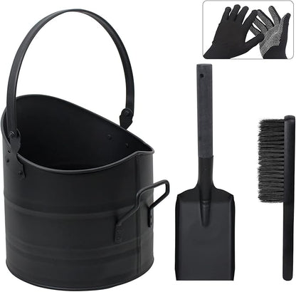 Poofzy Ash Bucket - 2.6 Gallon Metal Ash Bucket, Includes Shovel, Broom and Gloves for Wood Stove, Fireplace and Fire Pit
