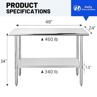 Hally Stainless Steel Table for Prep & Work 24 x 48 Inches, NSF Commercial Heavy Duty Table with Undershelf and Galvanized Legs for Restaurant, Home and Hotel