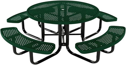 COATEDOUTDOORFURNITURE Heavy-Duty Portable Outdoor Kids Table with Umbrella Hole, Punched Steel Kids Picnic Table, Commercial-Grade, Made in America (46 in, Round, Childrens, Green)